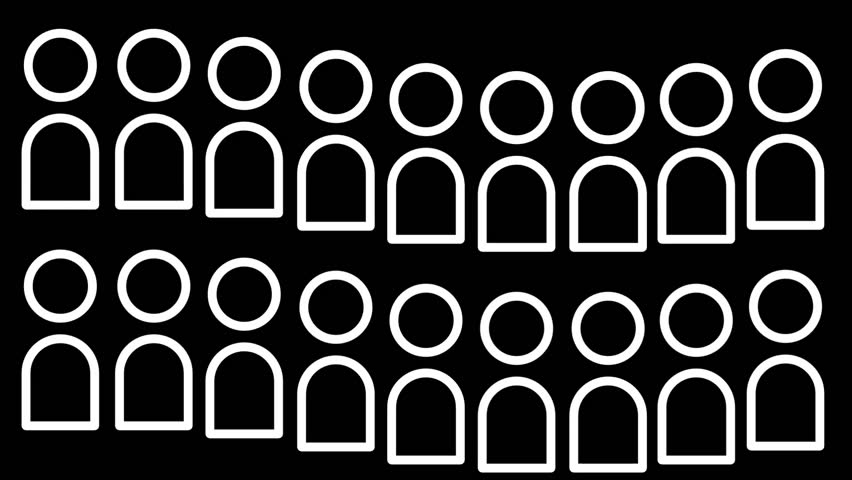 A large group of minimal white icons of people arranged together symbolizes community, social connection, unity, and the shared strength of collective participation in society.