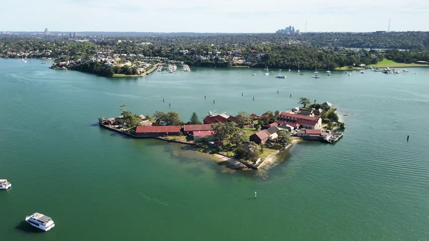 Aerial drone view of Spectacle Island on Parramatta River and Sydney Harbour, in Sydney, NSW Australia in October 2025
