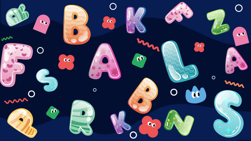 Cute cartoon alphabet characters on dark blue Animated background with colorful flying 3D letters, fun educational concept, playful digital illustration for kids learning