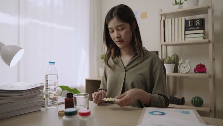 A young Asian female office employee is feeling sick and has a fever and headache while sitting working on a laptop computer at her desk and taking medicine to relieve her symptoms in the home office.