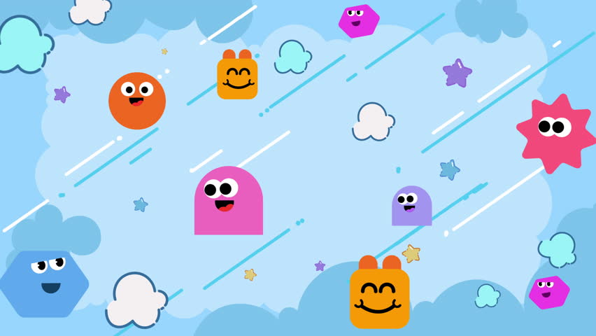 playful blue background animation with floating, smiling cartoon monster characters and abstract shapes. A fun, whimsical vector illustration concept perfect as a overlay border or stream backdrop