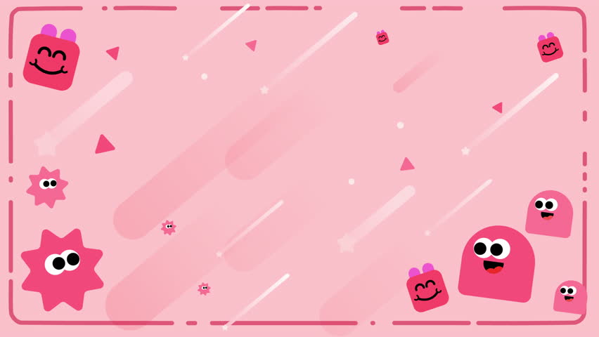 Sweet pink cartoon animation frame template with hand-drawn elements like hearts and stars decorating the border. Ideal digital illustration concept for a kids' video screen or vlog stream