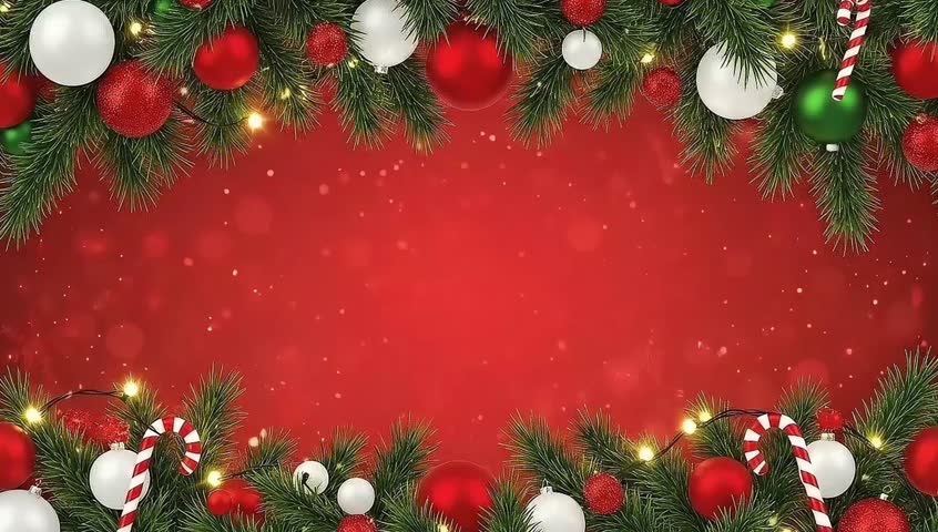 Festive Christmas background with pine branches, red-green baubles, candy canes, and glowing fairy lights. Seamless looping animation, perfect for holiday greeting visuals.