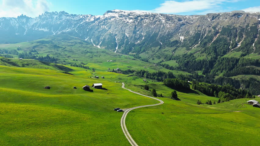 Curving farm road across Alpe di Siusi meadows toward a Dolomite ridge, aerial view. Rural alpine pattern on a summer day