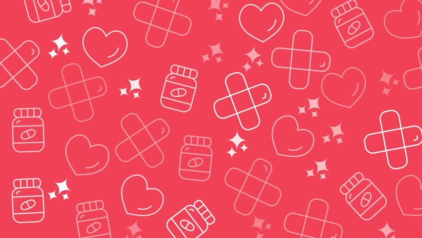 A vibrant and playful pattern featuring hearts, bandages, and medicine bottles, perfect for health and wellness presentations and designs.
