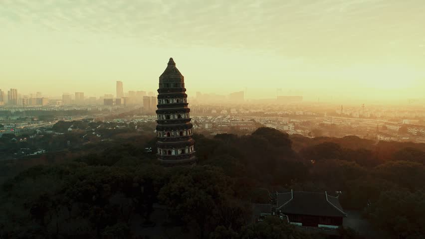 Aerial view of Tiger Hill (Huqiu) Pagoda in city of Suzhou in Jiangsu, China