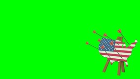 US map painted with American flag, pierced by arrows, displayed on a wooden stand, isolated on a green screen - Powered by Shutterstock - Get 15% off with code: PIKWIZARD15