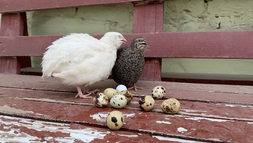 Two quails perched on a rustic bench, a collection of speckled eggs scattered nearby, countryside charm with a hint of Easter symbolism