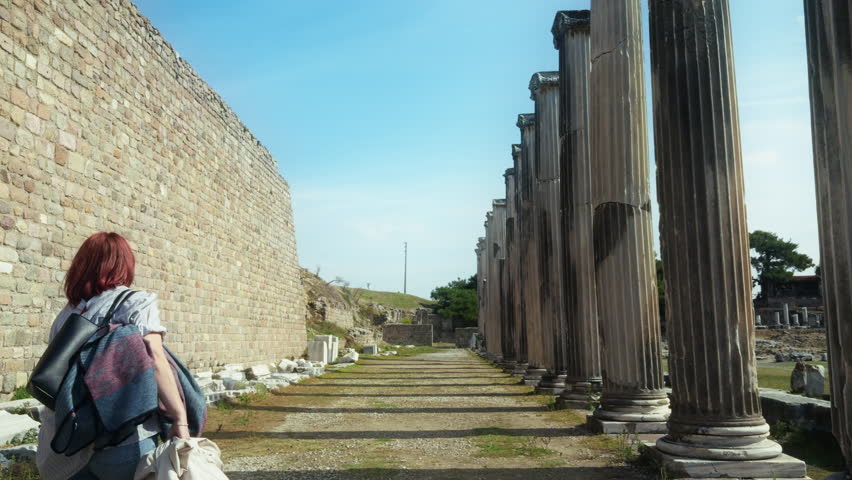 Archaeology Student Walking in the Ancient Rome Hospital Asclepieion of Pergamon View