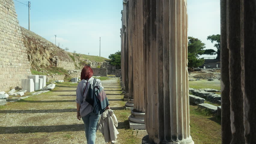 Archaeology Student Walking in the Ancient Rome Hospital Asclepieion of Pergamon View