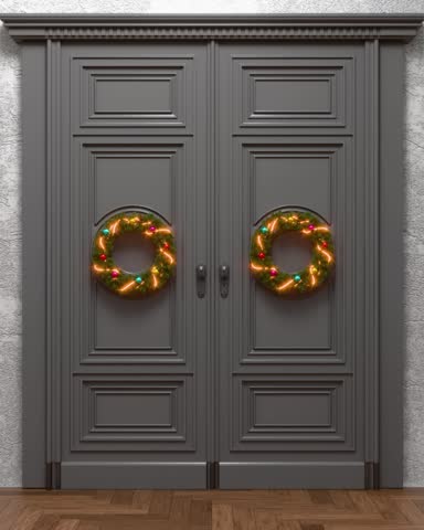 Christmas door opening to green screen	