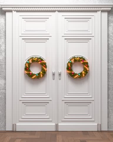 Christmas doors with wreaths opening to green screen