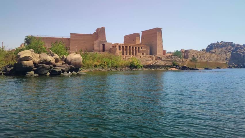 Ancient Philae Temple on Nile river , dedicated to the goddess Isis,  Ancient Egyptian relics