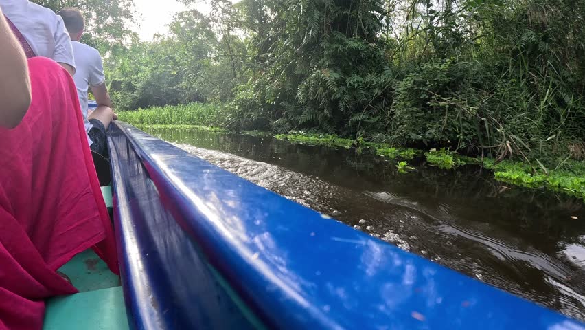Hoi An, Vietnam - October 14th 2025: Tourists on a small boat on a river with water plants in Vietnam 