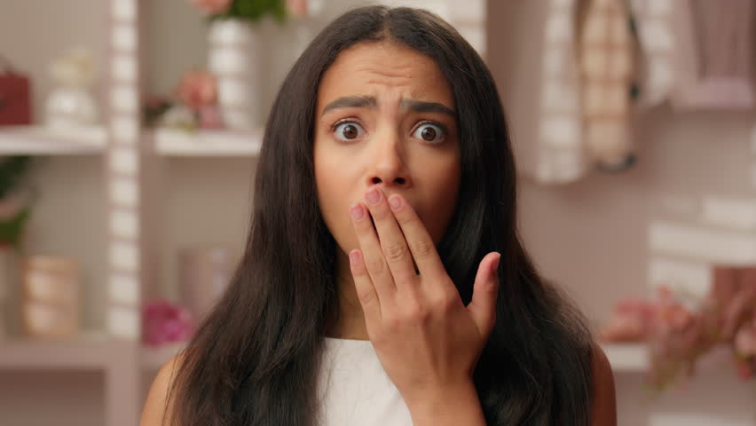 Hispanic woman shocked girl Latina teen female close up wide open mouth scary fright impressed face stare amazed wow news fear reaction shock afraid emotion stunned expression pink candy bathroom home