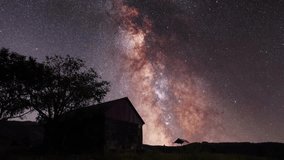 Night landscape, small house in the field under Milky Way galaxy. Starry sky. - Powered by Shutterstock - Get 15% off with code: PIKWIZARD15