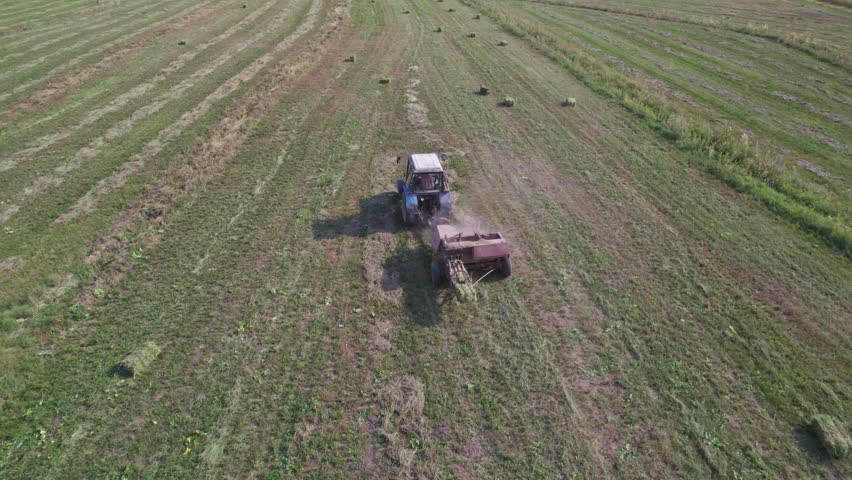 Tractor uses trailed bale machine to collect straw in field. Haymaking. Tractor collecting hay and making hay bales. Haystack making machine. Tractor Working on Farm at Sunset Time.