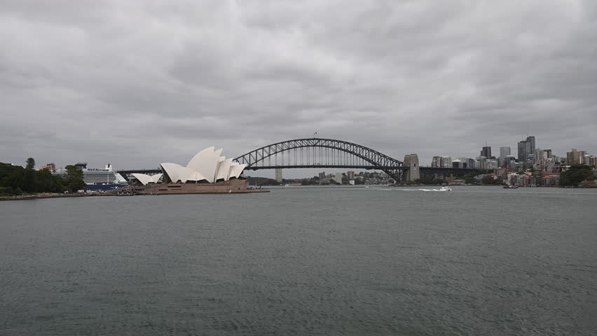 Sydney, Australia - 12 31 2024: city center of Sydney with Harbour Bridge, Opera house and Skyline, view from Mrs MacQuaries point across the bay, New South Wales, Australia.