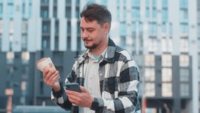 Happy rich mature Caucasian businessman tourist using smartphone and counting money euro cash banknotes standing on downtown city street. Success business career, lottery winner, big income, wealth. - Powered by Shutterstock - Get 15% off with code: PIKWIZARD15