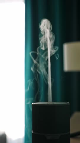 Diffuser diffusing steam in apartment room. Closeup. Vertical footage