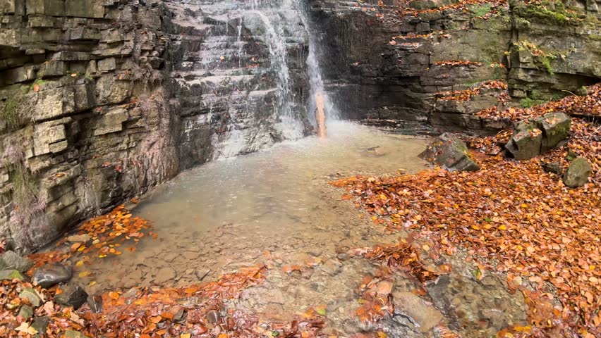 Ukraine, Carpathian Mountains, a small waterfall in an orange autumn forest near a large waterfall Bukhtivets, Pasichna village, Nadvirna city