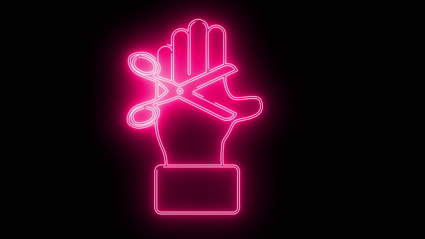 A neon pink hand holds open scissors against a black backdrop