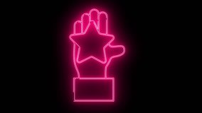 A pink neon hand holds a star atop a rectangular base set against a stark black backdrop - Powered by Shutterstock - Get 15% off with code: PIKWIZARD15