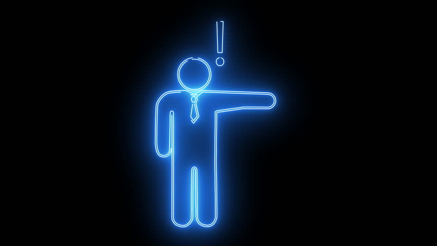 A neonblue man with an exclamation mark facing front raising his right arm in a black background