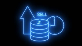 Blue neon line art displays an upward arrow coins a clock and the word SELL on a black background - Powered by Shutterstock - Get 15% off with code: PIKWIZARD15