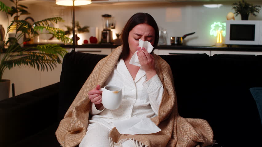Young woman at night home under blanket with hot tea and medicine sips for sore throat cough. Caucasian girl on sofa at evening uses tissue sneezes feels fever fatigue so rests quiet asks help softly.