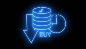 Glowing blue neon coin stack down arrow clock BUY on black - Powered by Shutterstock - Get 15% off with code: PIKWIZARD15