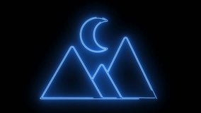 Neon blue outline drawing of mountains under a crescent moon against a black background - Powered by Shutterstock - Get 15% off with code: PIKWIZARD15