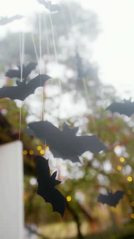 Close-up video showing detailed hanging paper bats, perfect for Halloween decorations, crafts, and spooky DIY ideas.
