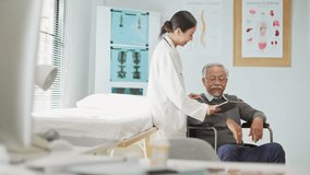 Asian female doctor using a digital tablet to explain health information to an elderly male patient, incorporating AI-assisted tools for better diagnosis, data analysis, and patient understanding. - Powered by Shutterstock - Get 15% off with code: PIKWIZARD15