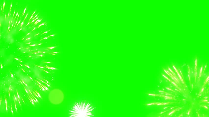 A seamless loop of bright yellow and white fireworks exploding on a bright green screen. Ideal for chroma key overlays for celebrations, holidays, and parties.