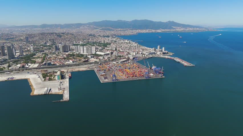 Izmir, Turkey. Aerial panoramic view of Izmir Port with cruise ships and surrounding city panorama including Alsancak district and bay area. Aerial view