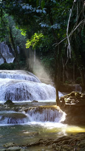 Tropical forest waterfall flowing through lush green jungle with clear stream, perfect for eco tourism, environmental content, travel backgrounds, and nature documentary visuals.