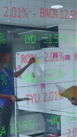 Animation of trading board over diverse coworkers planning strategy on whiteboard in office. Digital composite, multiple exposure, business, stock market, teamwork and planning concept.