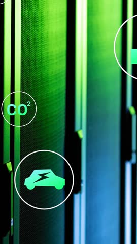 Animation of green technology icons over data server systems. Digital composite, network security, data center, networking, technology, network server, sustainable, environmental conservation.