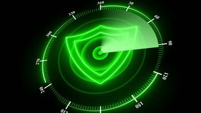 Glowing green shield icon on radar screen with digital interface and scan line , Digital radar interface with glowing green shield, Cyber protection and network security system. - Powered by Shutterstock - Get 15% off with code: PIKWIZARD15