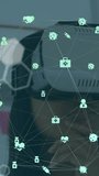 Animation of globe of medical icons, chemical structures over woman wearing vr headset at office. Medical research and futuristic technology concept - Powered by Shutterstock - Get 15% off with code: PIKWIZARD15