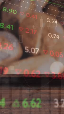 Animation of changing numbers and graphs moving over fresh breads for sale in store. Digital composite, multiple exposure, baked, food, business, report, progress and data concept.