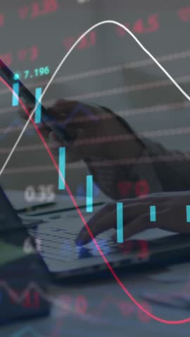 Animation of graphs and trading board over midsection of caucasian woman using laptop and cellphone. Digital composite, multiple exposure, business, report, stock market and technology concept.