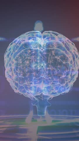 Animation of glowing light over human body with brain. Global artificial intelligence, connections, computing and data processing concept digitally generated video.