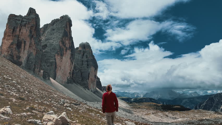 Woman hiking at Tre Cime di Lavaredo in the Dolomites mountains