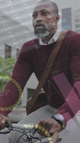 Animation of infographic interface over senior african american man riding bicycle on street in city. Digital composite, multiple exposure, report, business, growth, global, retirement, technology.