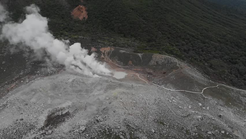 Smoke Emitting Summit of Mount Kirishima Volcano Aerial Landscape, Japan