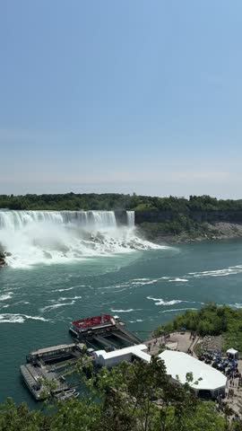 PAN SLOW The American, Bridal Veil, and Horseshoe Falls as seen from the Grand View Observation Deck. Niagara Falls is a collective name for a group of three waterfalls situated on the Niagara River.