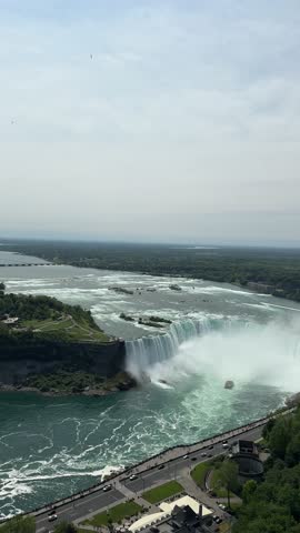 PAN SHOT The American, Bridal Veil, and Horseshoe Falls as seen from the Grand View Observation Deck. Niagara Falls is a collective name for a group of three waterfalls situated on the Niagara River.