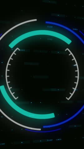 Glowing green graph, processing data and blue data loading icon on black background. Communication, data and digital interface technology, digitally generated video.